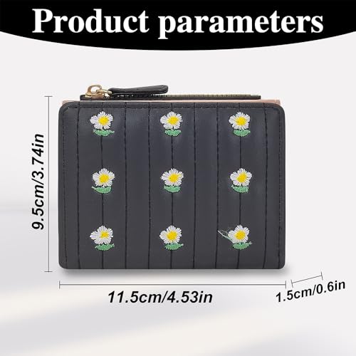 Small Wallets for Women, Bifold Embroidered Flowers Card Holder with Coin Pocket Card Slots ID Window Coin Purse (Black)3