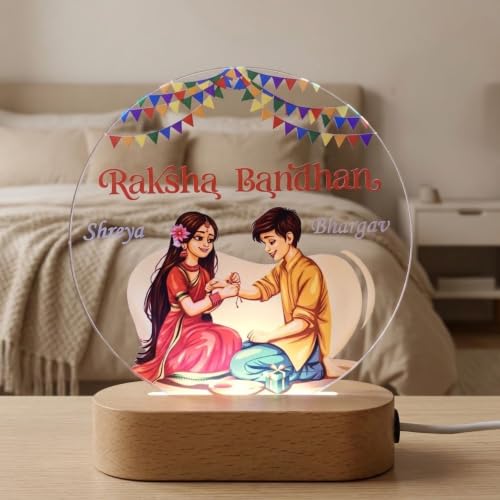 Image of Personalized Raksha Bandhan LED Acrylic Lamp for Brother & Sister | Custom Name Rakhi Night Light with Brother Sister Artwork | Customized Rakshabandhan Gift for Bhai Behan