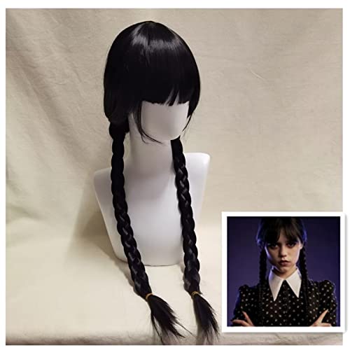 Wednesday Addams Wig Girls Kids, Wednesday Addams Cosplay Costume Women Wig Synthetic Long Black Braids Hair With Fringe For Goth Girl Halloween Cosplay Party #TOP4