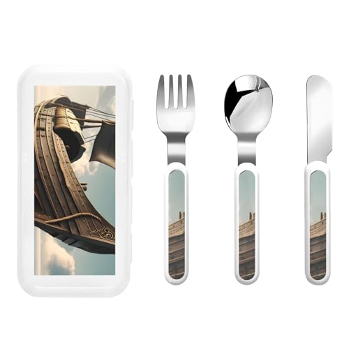 Juego de utensilios de viaje con diseño de barco vikingo, incluye tenedor, cuchara, cuchillo, cuchara ergonómica para diestros
