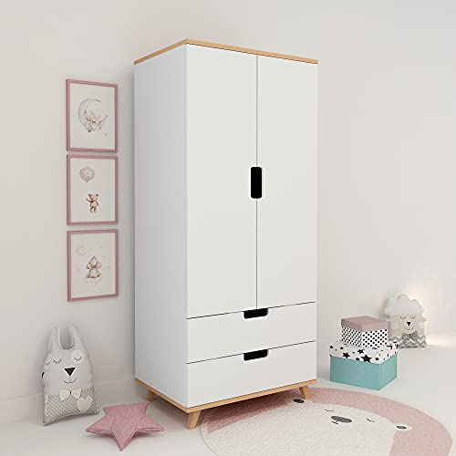 Armario de 2 puertas con 2 cajones, color blanco, con una barra interior y un estante de haya y MDF 77 x 179 x 55 cm, armario para habitación infantil Cover