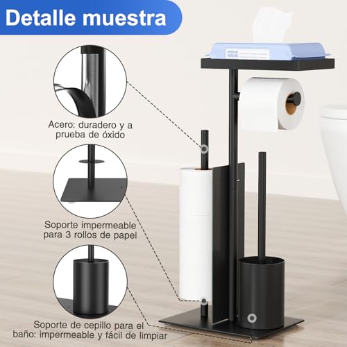 Miniatura 4 de Portarrollos De Papel Higiénico De Acero Inoxidable De Pie Con Escobilla Y Soporte Para Toallitas Húmedas, Inodoro