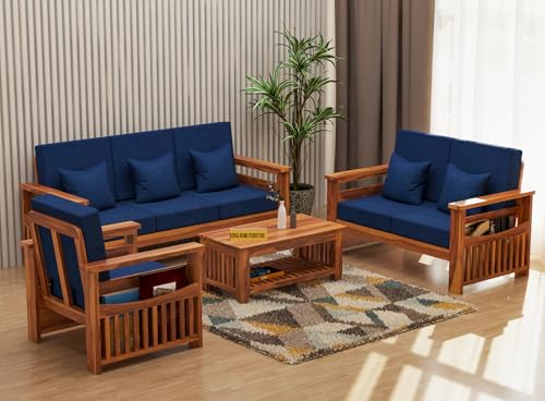 Image of Sheesham Wooden 6 Seater Sofa for Living Room | Rosewood 6 Seater Cushion Sofa Side Half Moon Rack | Solid Wood Sofa Set for Lounge (-3+2+1,Honey Finish)