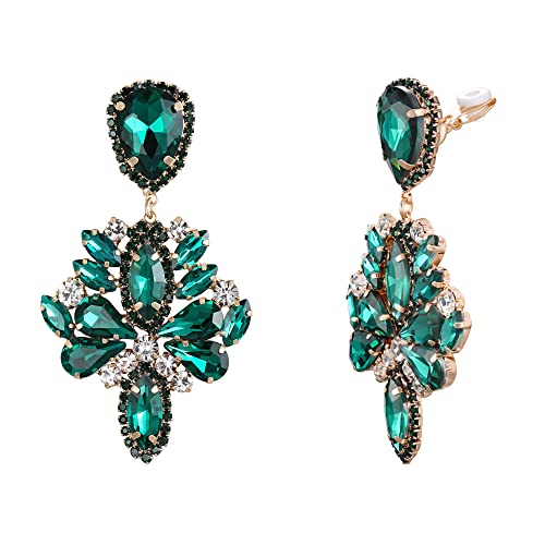 Brilove Clip-On Earrings Wedding Bridal Crystal Rhinestone Marquise Teardrop Cluster Dangle Earrings For Women Emerald Color Gold-Toned #TOP27