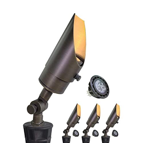MALORY Brass Landscape Spotlight 4-Pack with MR16 Bulb Kit(S04), Low Voltage 12V AC/DC Shroud Adjustable Outside Yard Lights,PVC Ground Stake and Wire Connector Included, 5W 2700K Warm White