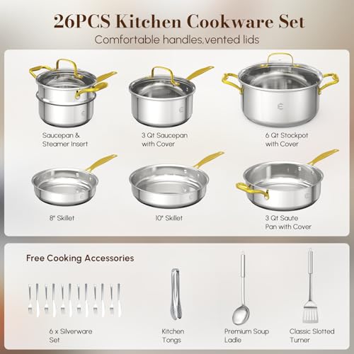 Image of Stainless Steel Cookware Set, Tri-Ply Pots and Pans Set, 26 Piece Kitchen Cooking Utensils Set with Lids, Gold Grip Handles, Induction, Oven, Non-Toxic, Dishwasher Safe, Professional Chef Quality
