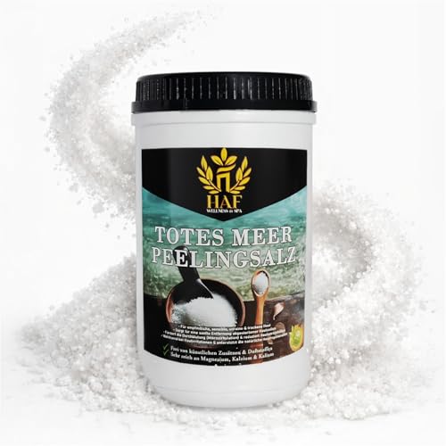 HAF – Totes Meer Peelingsalz (1 x 1 kg Dose) – Naturreines Körper-Peeling aus Jordanien. Für trockene Haut & Gesicht in Sauna, Dusche oder Dampfbad verwendbar, Vegan & ohne Zusatzstoffe