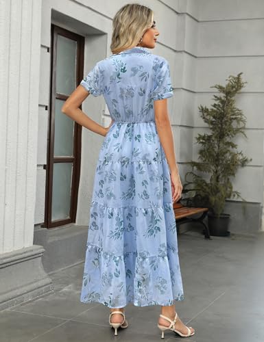 Image of Kranda Women 2026 Summer Collared V Neck Short Sleeve Button Down Chiffon Long Tiered Floral Maxi Dress with Pockets