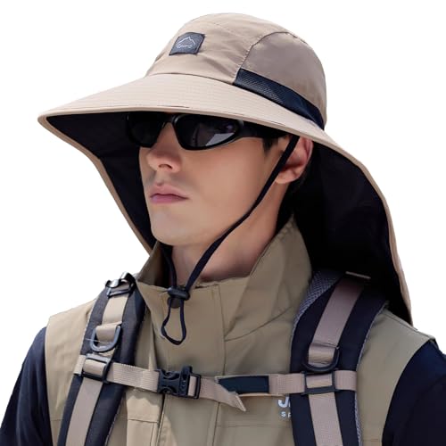 Image of Rosoz Outdoor Sun Hat for Men Women, UPF50+ Protection Safari Cap Wide Brim Mesh Fishing Hat with Neck Flap Beach Garden