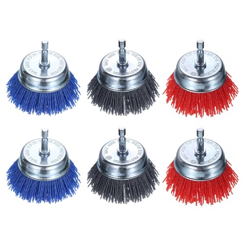 Image of HARFINGTON 6pcs Nylon Filament Wire Wheel Cup Brush for Drill, Abrasive Brushes Set with 1 /4 inch Hex Shank, 3 inch, Used for Rust /Corrosion /Paint Removal and Scrub Surface, 80 Grit
