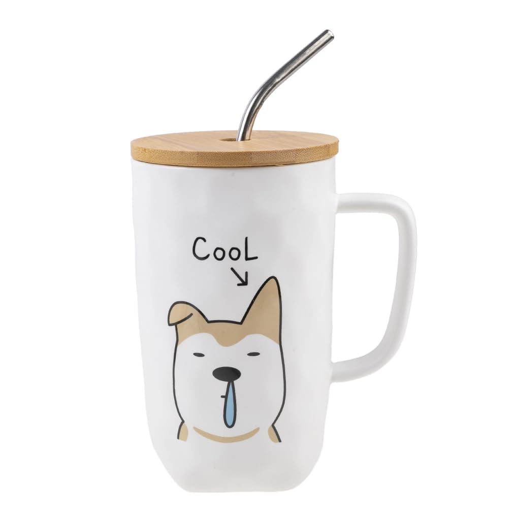 lachineuse Dog Collection Mug with Lid, Straw and Spoon – Capacity: