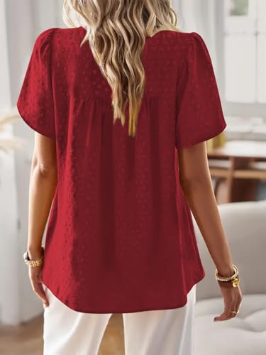 Poetsky Tops for Women Dressy Casual Work Shirts Summer Short Sleeve Chiffon Tops, Dark Red, XXL — view 3