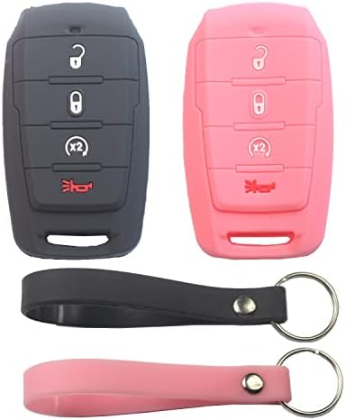 kcpros 2Pcs Rubber Silicone 4 Buttons Smart Key Fob Cover Case Skin Protector Keyless with Keychain Compatible with Dodge Ram 1500 Big Horn 2019 2020 2021 2022 Black Pink