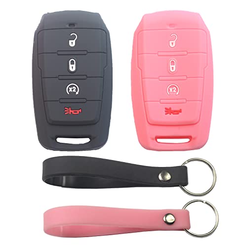 Kcpros 2Pcs Rubber Silicone 4 Buttons Smart Key Fob Cover Case Skin Protector Keyless With Keychain Compatible With Dodge Ram 1500 Big Horn 2019 2020 2021 2022 Black Pink #TOP28