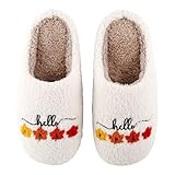 TSUWP Autumn Hello Slippers for Women - Embroidered Maple Leaf House Shoes, Memory Foam Indoor House Shoes, Plush Warm Slippers, Cute Comfortable Cozy Fall Gifts (Thanksgiving, Halloween) 4344