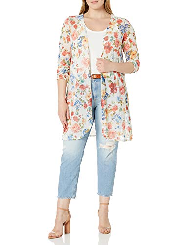Star Vixen Women's Plus-Size Long Sleeve Lightweight Mesh Open Cardigan, Ivory Ground Floral, 1X
