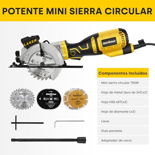 Miniatura 6 de Enventor Mini Sierra Circular 705w, Mini Sierra Circular De Mano 3500rpm, Guía Láser, 6 Hojas De Ø115mm, Corte: 42.8mm 90 , 28mm 45 , Para Cortar Azulejo, Madera, Metal Blando