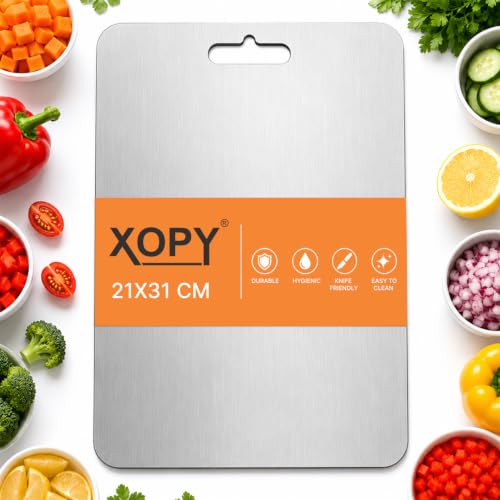 XOPY Stainless Steel Chopping Board 21 x 31 cm | Durable, Hygienic & Easy to Clean | Vegetable Kitchen Cutting Board | Knife Friendly & Rust Resistant | Convenient Hanging Handle for Everyday Use