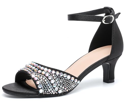 DADAWEN Women's Dressy Rhinestone Low Kitten Heel Ankle Strap Open Toe Sandals Dress Shoes Pump Sandals for Wedding Party Evening