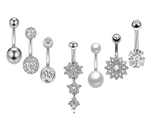1Set Stainless Steel Dangle Belly Button Rings for Women Belly Piercing CZ Inlaid Body Jewelry (Style 1)