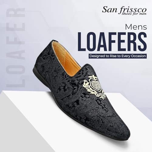 Image of San Frissco Men's Formal Loafers with Velvet Embroidered Design Trending Shoes /Moccasins Jutti for Festive, Wedding, Party Slip-On Loafers /Stylish Lightweight and Comfortable Mojaris