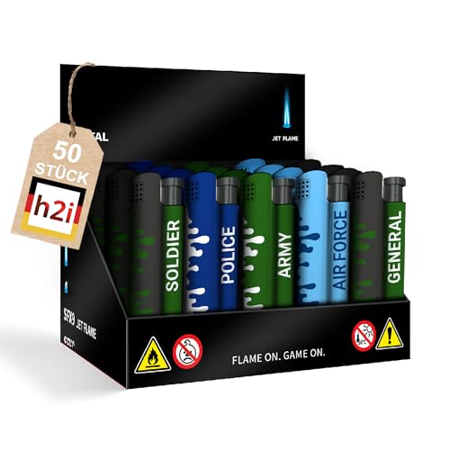 h2i Feuerzeug mit Jet-Flame | 50 Stück | Motiv Military Mehrwegfeuerzeug | robust & windresistent | für Alltag & Outdoor | Sturmfeuerzeug mit Kindersicherung & Nachfüllbar