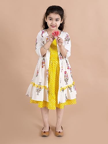 Image of Pspeaches Girls Yellow Striped Cotton Midi Dress With Printed Shrug (Yellow)