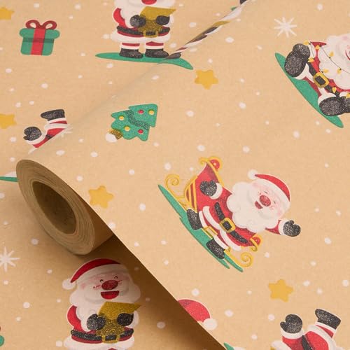 Rollo de papel de estraza reciclable de 43 cm de ancho, 15 m de largo para decoración de regalos de Navidad y cumpleaños (Papá Noel-2) Rollo de papel de estraza reciclable de 43 cm de ancho, 15 m de largo para decoración de regalos de Navidad y cumpleaños (Papá Noel-2)