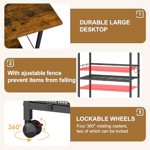Rolling Kitchen Microwave Stand, 3-Tier Microwave Cart Table with Wood Top and Wire Basket, Coffee Bar Table on Lockable Wheels, Small Baker’s Rack Shelf Organizer for Kitchen, Dining Room, Office - Thumbnail 5