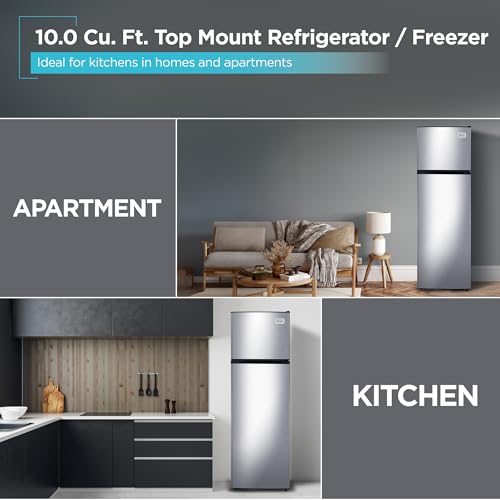 Image of BLACK+DECKER 10 Cu. Ft. Top Mount Refrigerator with Freezer, 2 Door Fridge with Top Freezer and Mechanical Temperature Control, For Homes and Apartments, BDA10LAS, Stainless Steel Look