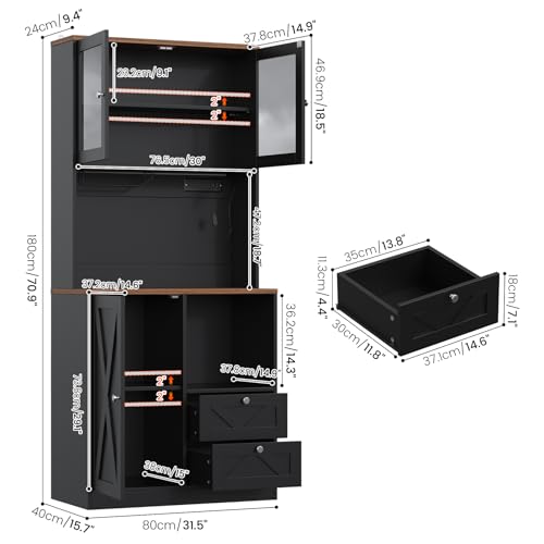 Image of 71 inch Tall Coffee Bar Cabinet with Storage Hutch, Farmhouse Kitchen Pantry Cabinet with LED Lights Microwave Stand and Glass Holder for Home Dining Room Kitchen (Black)