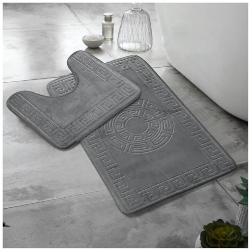 Lions Bath Mat - 2 Piece Greek Key Pattern Bath Mats for Bathroom, Non Slip Bathroom Mats Pedestal Set, Super Soft Washable Toilet Rugs, Quick Dry Water Absorbent, Charcoal