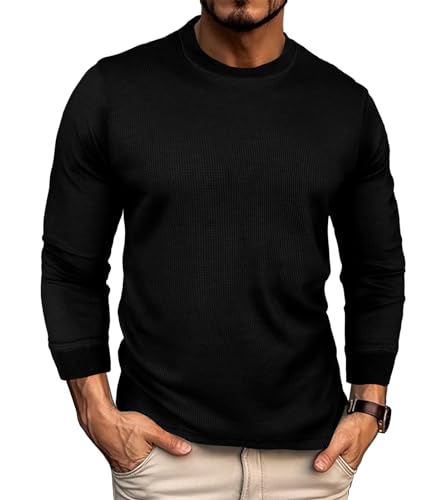 Men's Long Sleeve Waffle Pullover Thermal Shirt Crew Neck Top Underwear Basic Casual T Shirt Black
