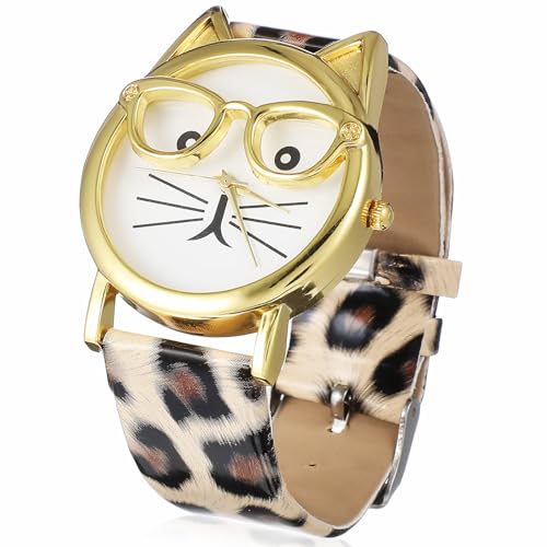 Garneck Reloj para Niña Diseño de Gato y Gafas Correa de PU Estampado de Leopardo Caja Metálica Dorada de Acero Inoxidable Reloj de Pulsera Infantil Resistente y Único para Uso Diario