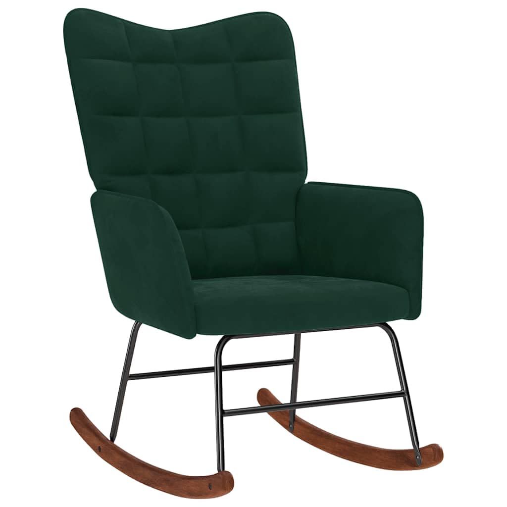 Schaukelstuhl Dunkelgrün Samt - Bequemer Relaxsessel mit Holzkufen und Metallgestell, Polstersessel für Wohnzimmer, Schlafzimmer & Leseecke, Loungesessel Gepolstert, 61x78x98 cm