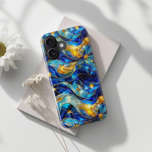 Image of Goodon for iPhone 16 Plus Case Cute - Wireless Charging Compatible - Dual-Layer Hard Shell + Silicone Cover - Protective Phone Case with Trendy Designs for Women - Abstract Bule Gold Water | Dual-Layer Hard Shell + Silicone, Slim Fit Protective Phone Cover with Wildflower Designs for Women Girls