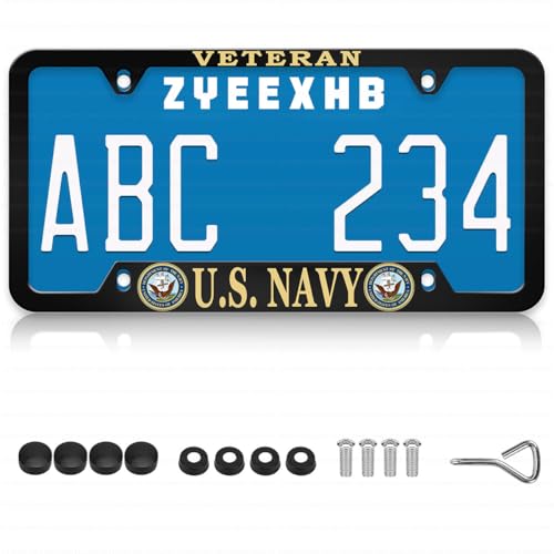 Aluminum Thin Top for U.S. Navy Veteran License Plate Frame 4-Hole Matte Black Narrow Top Retired Car Licenses Plate Covers Holders Frames for Department of The Navy with Screw Caps
