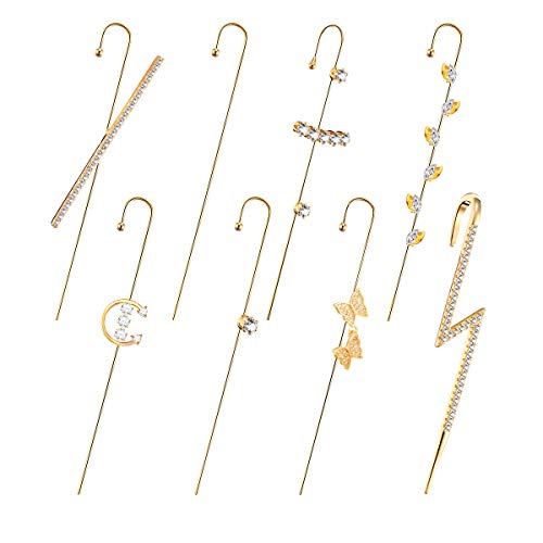 8Pcs Ear Cuff Wrap Crawler Hook Earrings Hypoallergenic Golden Piercing Ear Climbers Hook for Women Rhinestone Ear Wrap Climbers Earrings