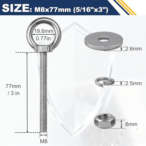 Image of 4 Pack M8 Stainless Steel Eye Bolts with Nuts,5 /16 inch x 3 inch Eye Bolts | 304 Stainless Steel Eye Bolt,Eye Bolts Heavy Duty for Hang Tie Down Outdoor,m8 eye bolt,Long Lifting Ring Eye Bolt