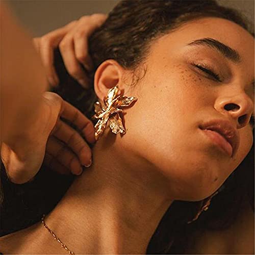 Onlyjump 3D Large Flower Earrings For Women Girls Chic Petal Statement Earrings Bohemian Elegant Plated Big Alloy Metal Flower Earrings (Gold Stud Earring) #TOP1