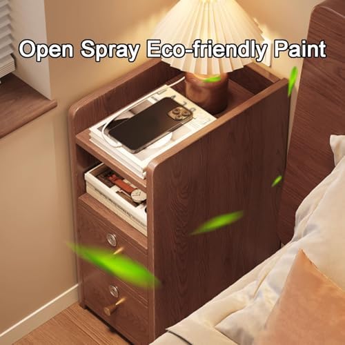 Narrow Solid Wood Nightstand with 2 Drawers & Open Storage, Stylish Bedside Table for Living Room & Bedroom, Functional Sofa Side Table, Modern Design