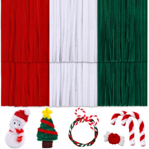 Zlulary 600 Pcs Christmas Pipe Cleaners, Pipe Cleaners Craft, Pipe Cleaners Bulk Chenille Stems for Creative Art Craft Christmas Decoration, 12 Inches (Red, White, Green)