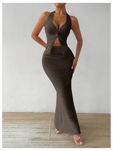 Image of SOLY HUX Women's Two Piece Outfits Twist Front Halter Cami Tops and Skirt Summer Set