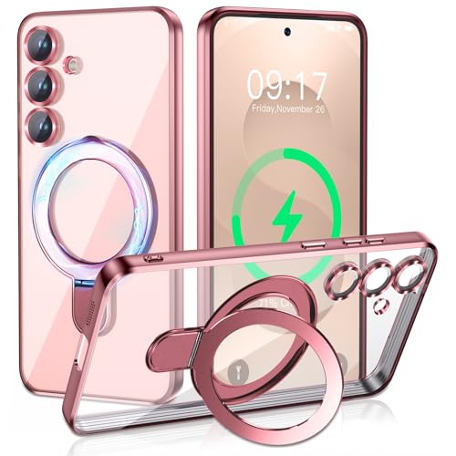 Image of Magnetic Stand & Full Camera Lens Protector Case for Samsung Galaxy S25 Plus [Compatible with MagSafe][Military Drop Protective]Not Yellowing Clear Slim Soft S25 Plus Phone Case for Women Men,Pink