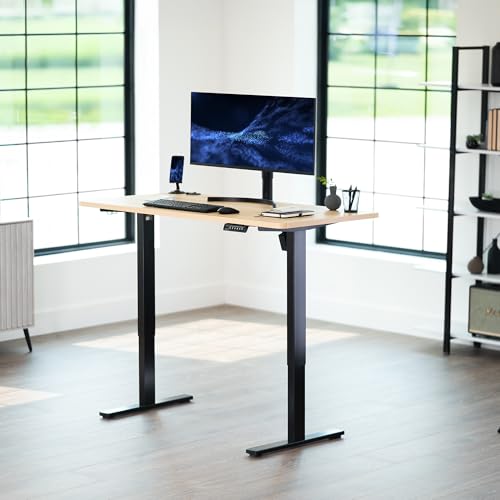 Image of VIVO Light Wood 55 x 28 in Standing Desk, DESK-KIT-1B55C | Electric, Holds 220 lbs, Sit Stand, Height Adjustable, Solid One-Piece Table Top, Memory Presets, 1B Series, Black Frame