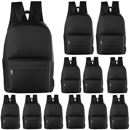 12Pack 17inch School Backpacks in Bulk for Student Outdoor Travel Camping Gym Book Bag Wholesale Zippered Schoolbag for Elementary Middle High School Students Boys Girls Back to School Supplies, Black