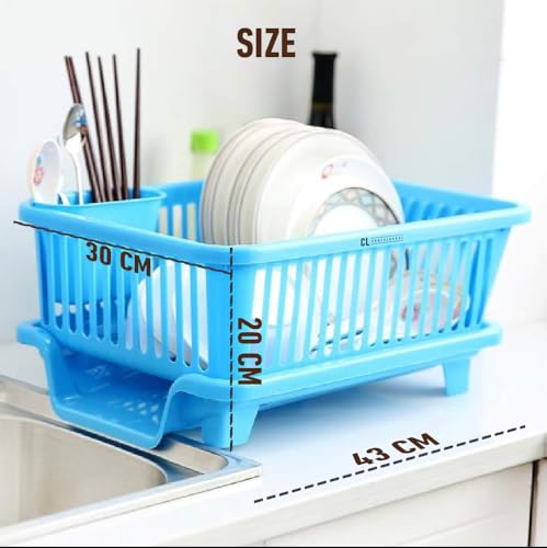Image of Plastic Kitchen Dish Drainer Rack with Drying Tray & Cutlery Holder | 23 x 46 x 56 cm Utensil Stand & Bartan Stand | Mesh Design Dish Drying Basket Organizer for Kitchen Counter - Blue