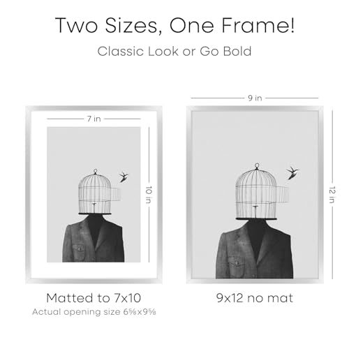 Image of Homeforia 9x12 Picture Frame Silver, High End Metal 9 x 12 Frames with Mat 7 by 10 inch Photo, 9by12 Poster Frame Matted to 7x10 Print, 12x9 Wall or Tabletop Frames, Tempered Glass, Wall Kit, Set of 2