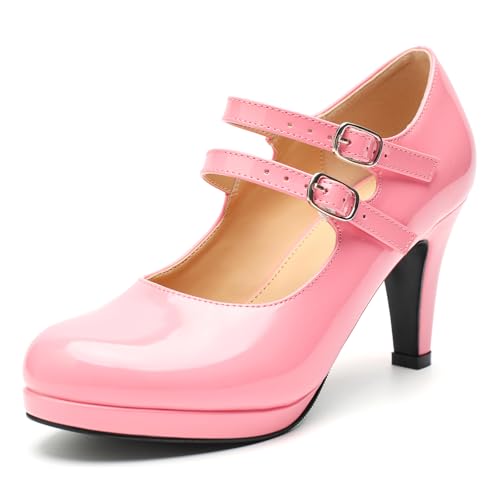 Women's Low Platform Pumps Round Toe Classic High Heels Double Ankle Strap Mary Jane Dress Shoes
