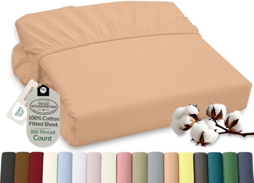 Image of ROYALE LINENS 300 Thread Count 100% Long Staple Combed Cotton Fitted Sheet King - Super Soft Deep Pocket Bottom Sheet - Fitted Sheets Only - Elastic Sheets (King, Sand)